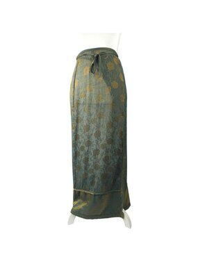 Hype Green Gold Floral Maxi Skirt OS Petite Tie Waist Y2K Boho Satin Sheer